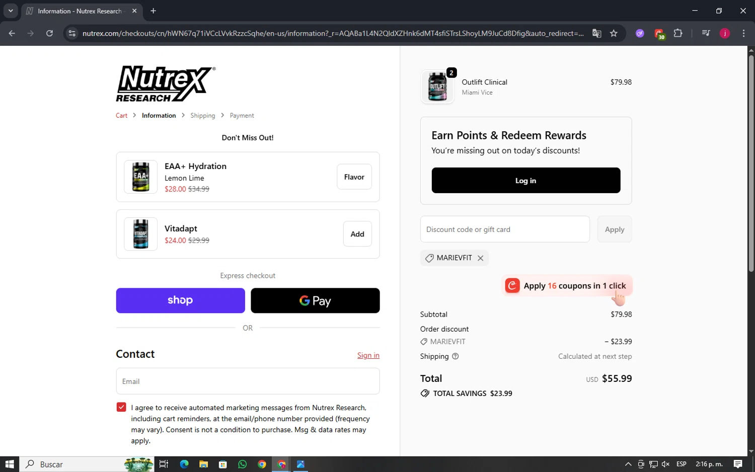 Nutrex Research coupon code screenshot showing code MarieVFit applied at Nutrex Research checkout page. Uploaded by SimplyCodes community member TokenSage3501 on Dec 6, 2025