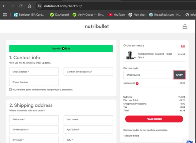 NutriBullet checkout page showing NutriBullet discount code box | Screenshot taken by SimplyCodes community member on Aug 1, 2025