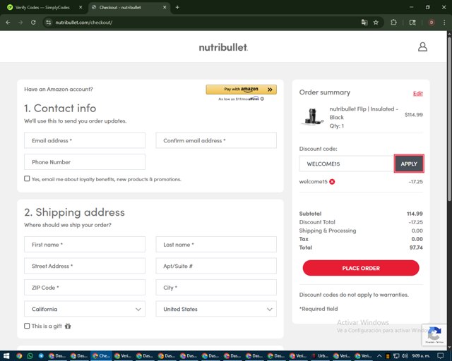 NutriBullet checkout page showing NutriBullet discount code box | Screenshot taken by SimplyCodes community member on Aug 30, 2025
