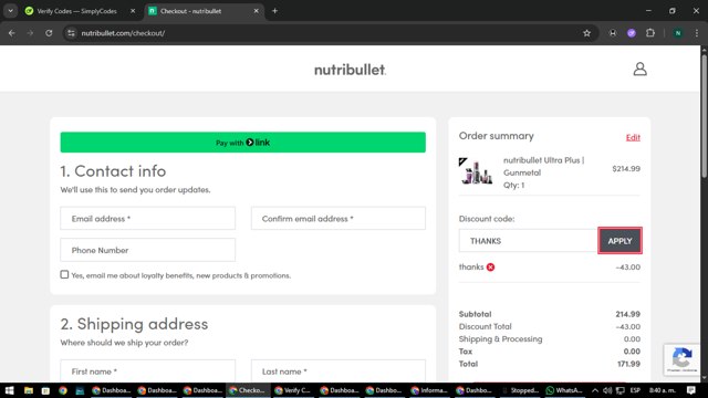 NutriBullet checkout page showing NutriBullet discount code box | Screenshot taken by SimplyCodes community member on Aug 1, 2025