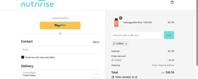 NutriRise checkout page showing NutriRise coupon code box | Screenshot taken by SimplyCodes community member on Sep 12, 2025