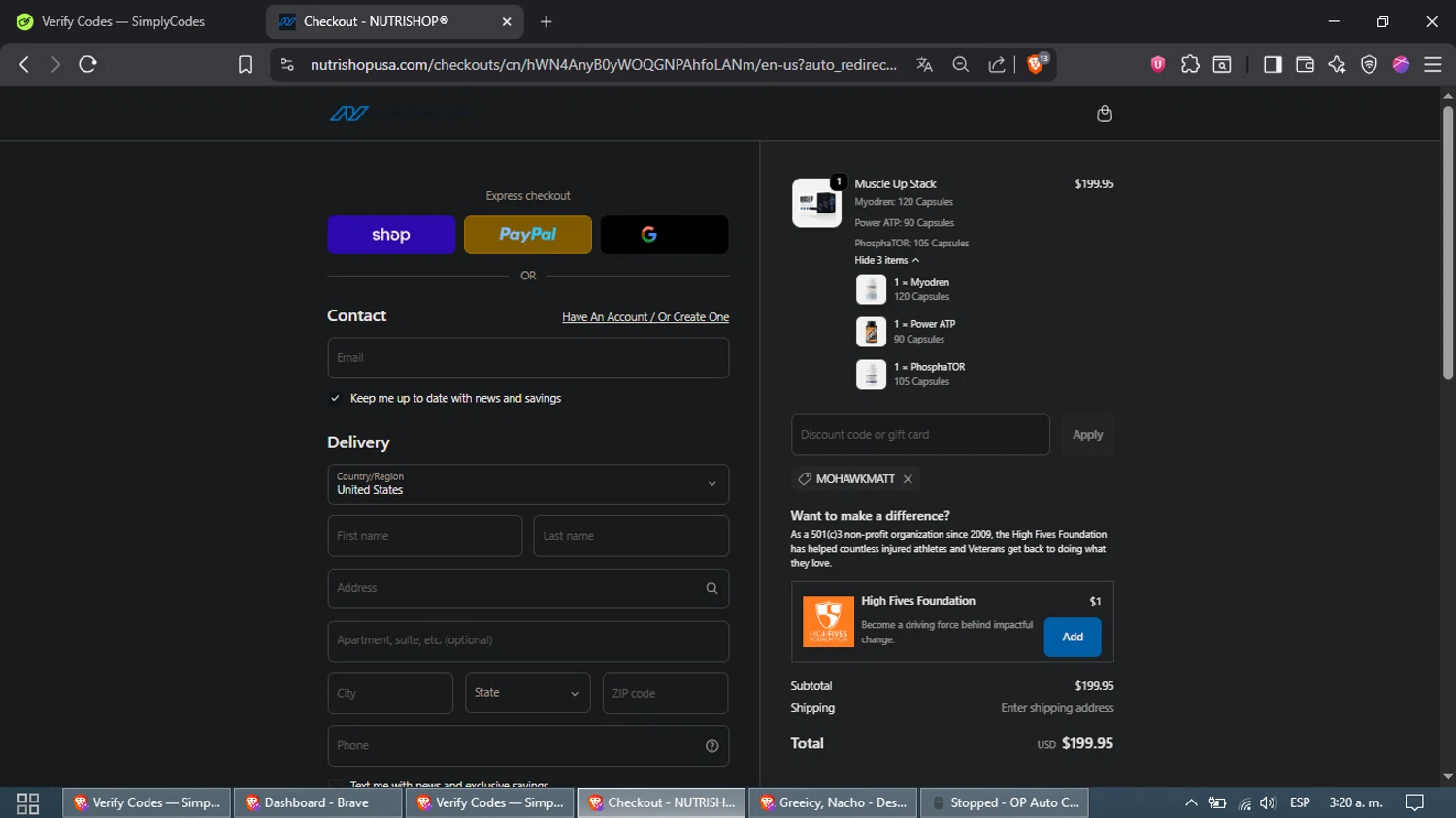 Nutrishop USA promo code screenshot showing code MOHAWKMATT applied at Nutrishop USA checkout page. Uploaded by SimplyCodes community member Waynesmith on Oct 16, 2025