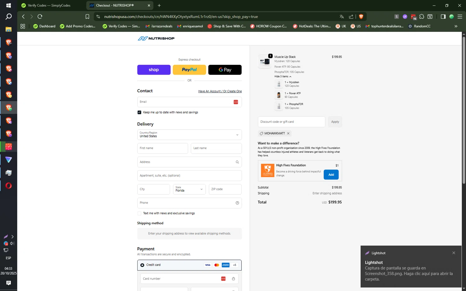 Nutrishop USA promo code screenshot showing code MOHAWKMATT applied at Nutrishop USA checkout page. Uploaded by SimplyCodes community member ilarrazaM5 on Oct 20, 2025