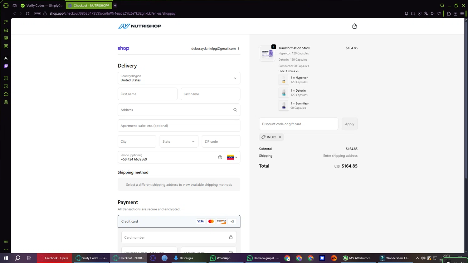 Nutrishop USA promo code screenshot showing code INDIO applied at Nutrishop USA checkout page. Uploaded by SimplyCodes community member DiscountFinder7150 on Oct 29, 2025
