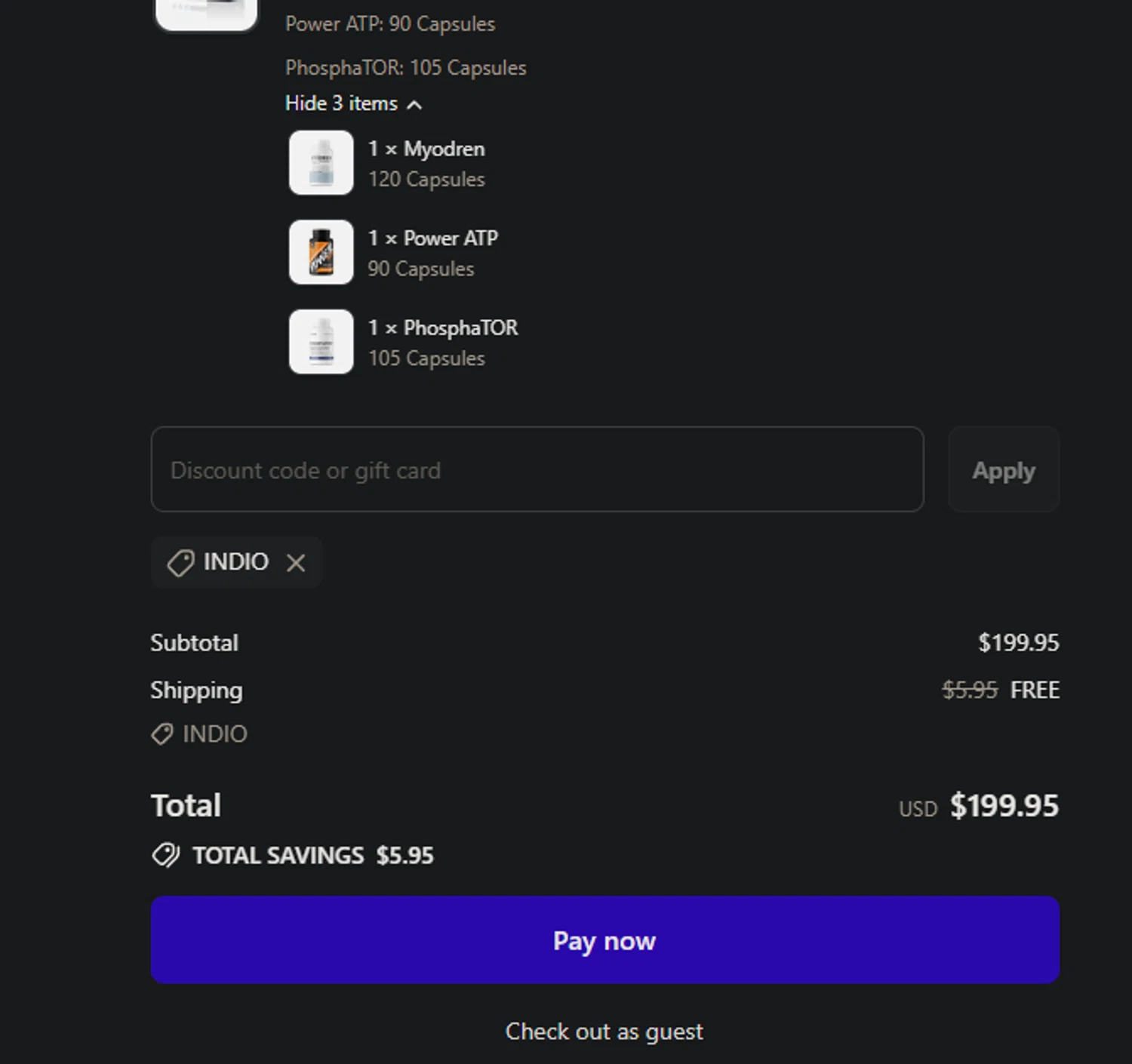 Nutrishop USA promo code screenshot showing code INDIO applied at Nutrishop USA checkout page. Uploaded by SimplyCodes community member FIREINTHEHOLE on Oct 16, 2025