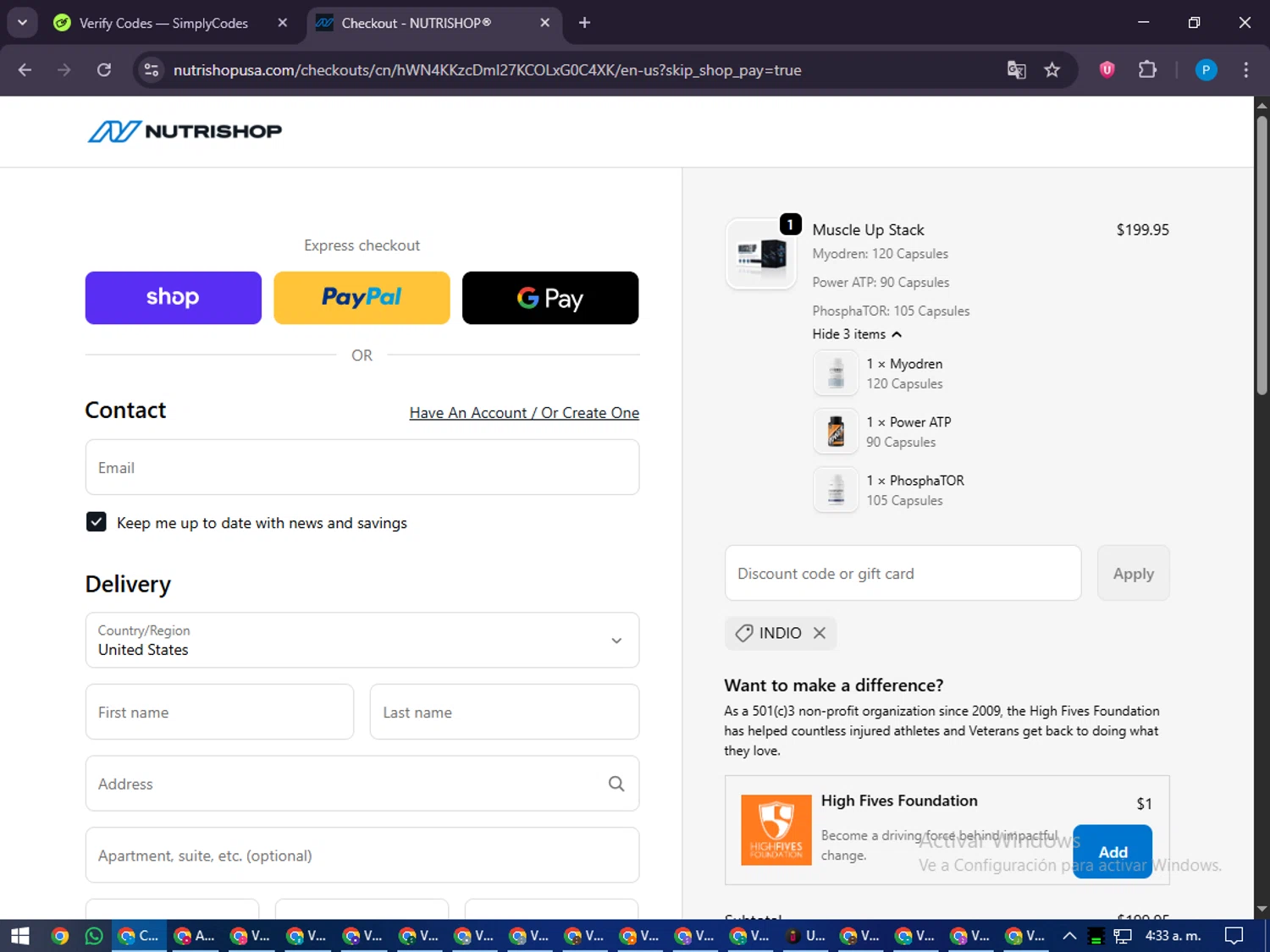 Nutrishop USA promo code screenshot showing code INDIO applied at Nutrishop USA checkout page. Uploaded by SimplyCodes community member juiceWRLD on Oct 20, 2025
