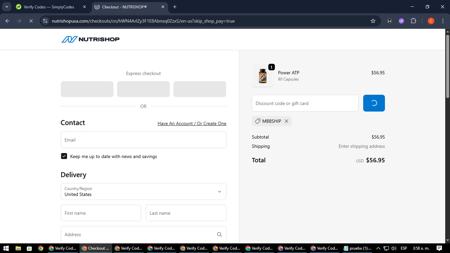 Nutrishop USA promo code screenshot showing code MBBSHIP applied at Nutrishop USA checkout page. Uploaded by SimplyCodes community member NatanaelCano on Oct 16, 2025