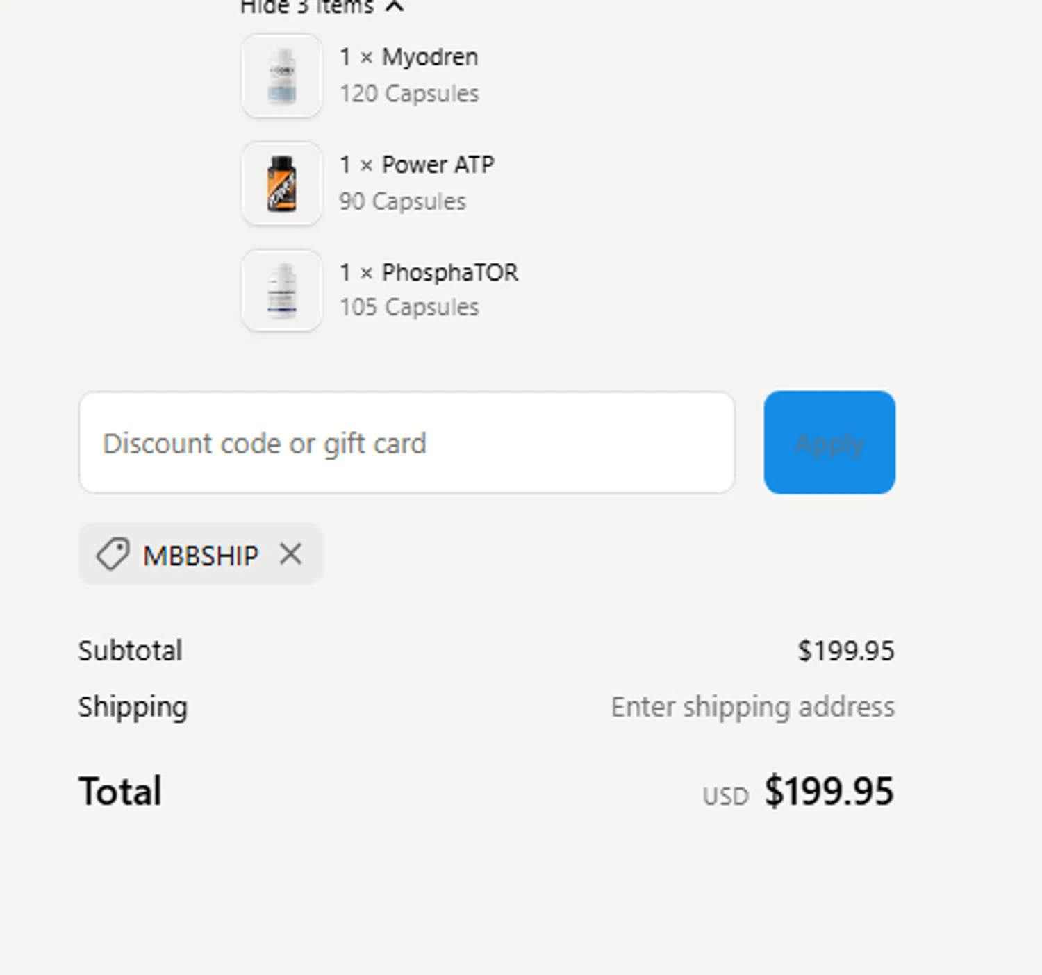 Nutrishop USA promo code screenshot showing code MBBSHIP applied at Nutrishop USA checkout page. Uploaded by SimplyCodes community member Sova_Valorant on Oct 12, 2025