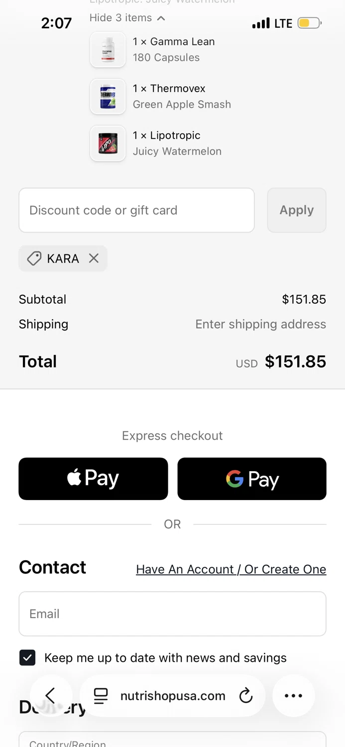 Nutrishop USA promo code screenshot showing code KARA applied at Nutrishop USA checkout page. Uploaded by SimplyCodes community member RewardExpert2936 on Oct 24, 2025