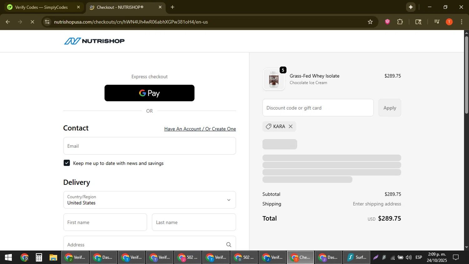 Nutrishop USA promo code screenshot showing code KARA applied at Nutrishop USA checkout page. Uploaded by SimplyCodes community member ShrewdAce8338 on Oct 24, 2025