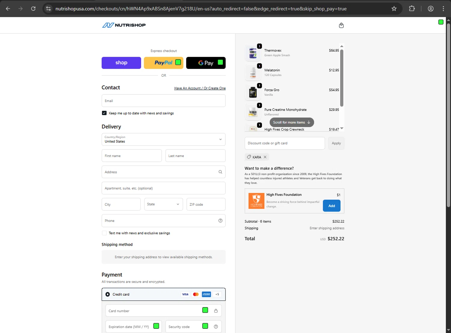 Nutrishop USA promo code screenshot showing code KARA applied at Nutrishop USA checkout page. Uploaded by SimplyCodes community member megagei on Oct 16, 2025