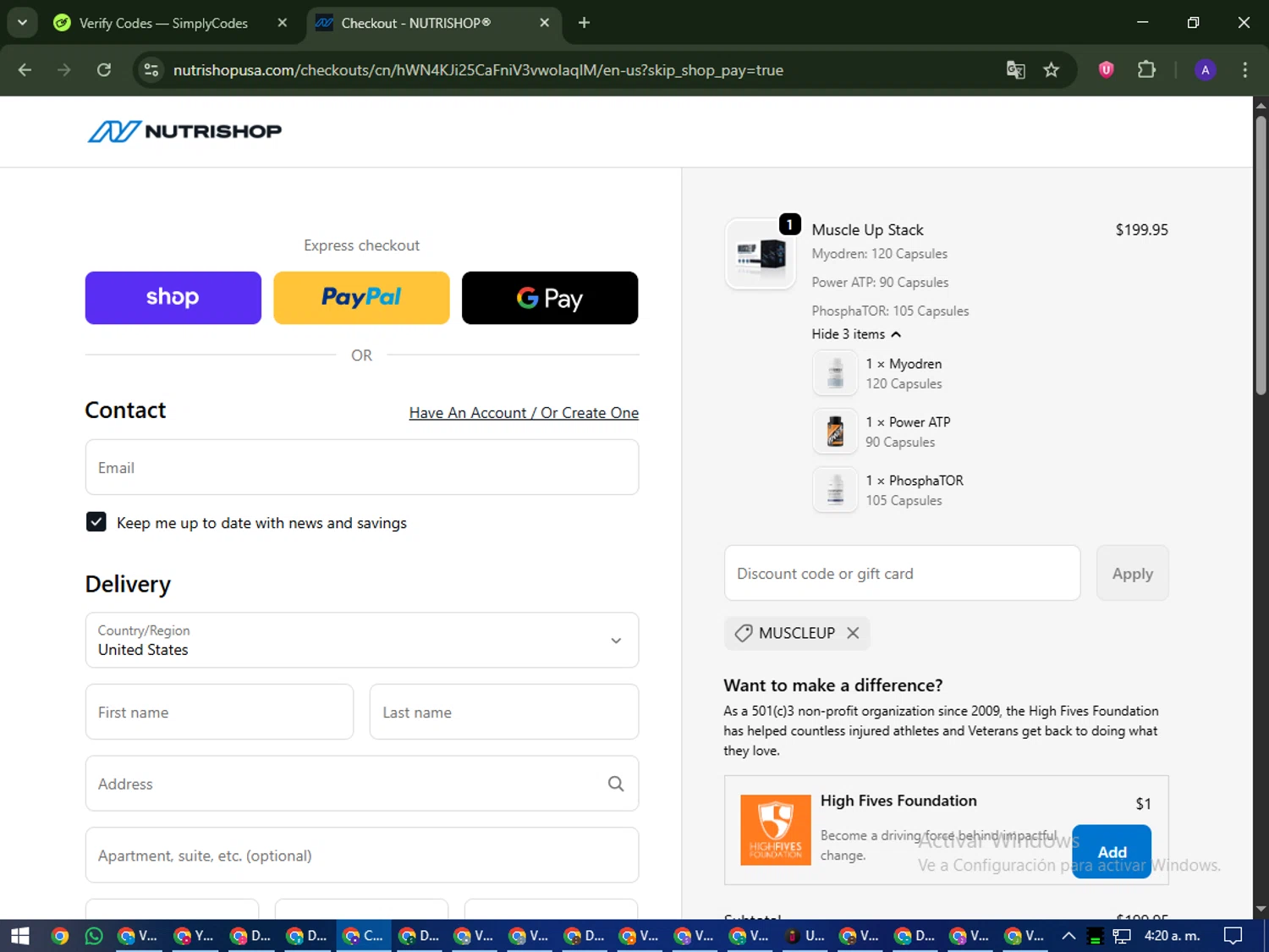 Nutrishop USA promo code screenshot showing code MUSCLEUP applied at Nutrishop USA checkout page. Uploaded by SimplyCodes community member MagnificentWarden4603 on Oct 20, 2025
