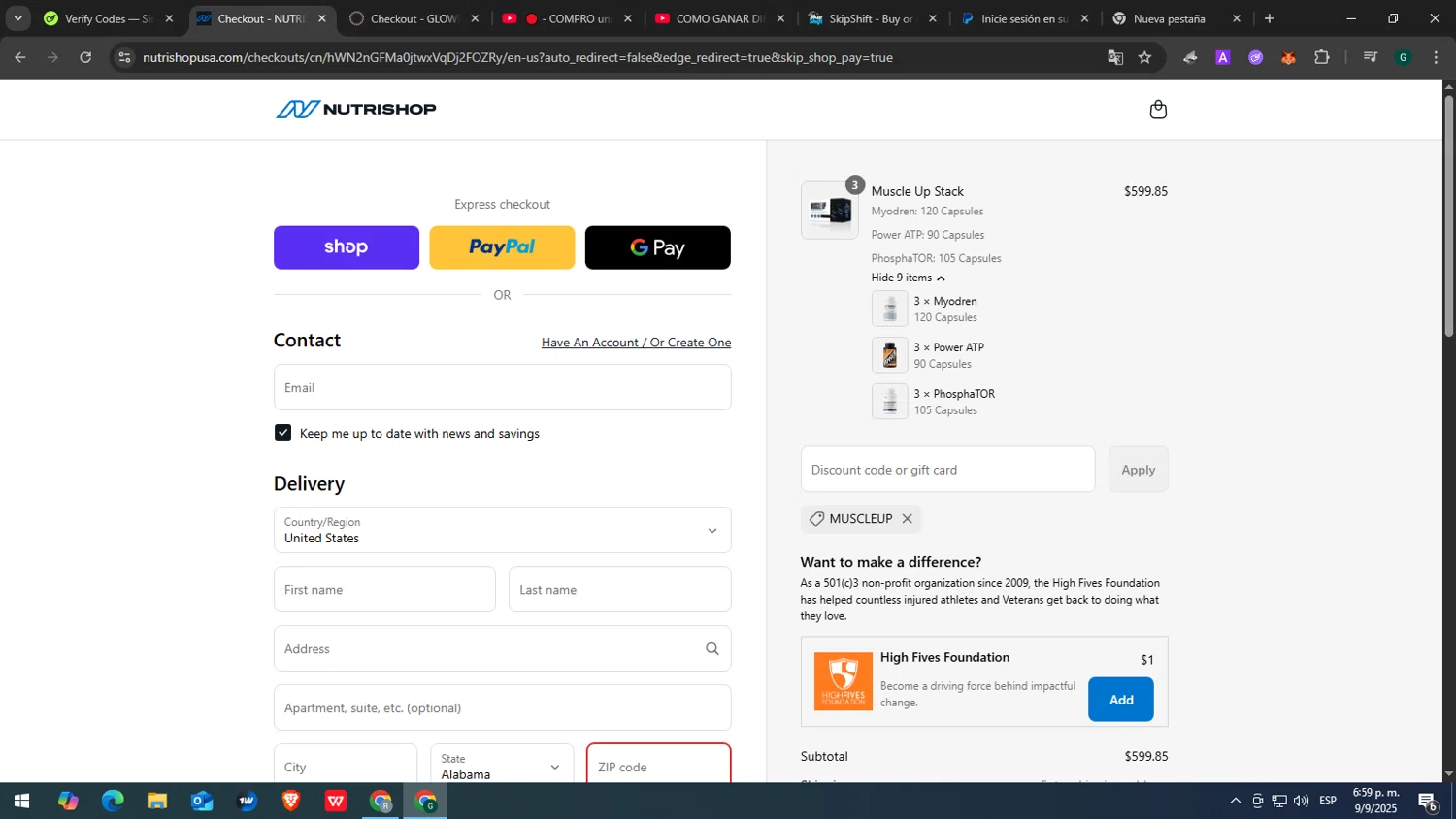Nutrishop USA promo code screenshot showing code MUSCLEUP applied at Nutrishop USA checkout page. Uploaded by SimplyCodes community member yasabesssss on Sep 9, 2025