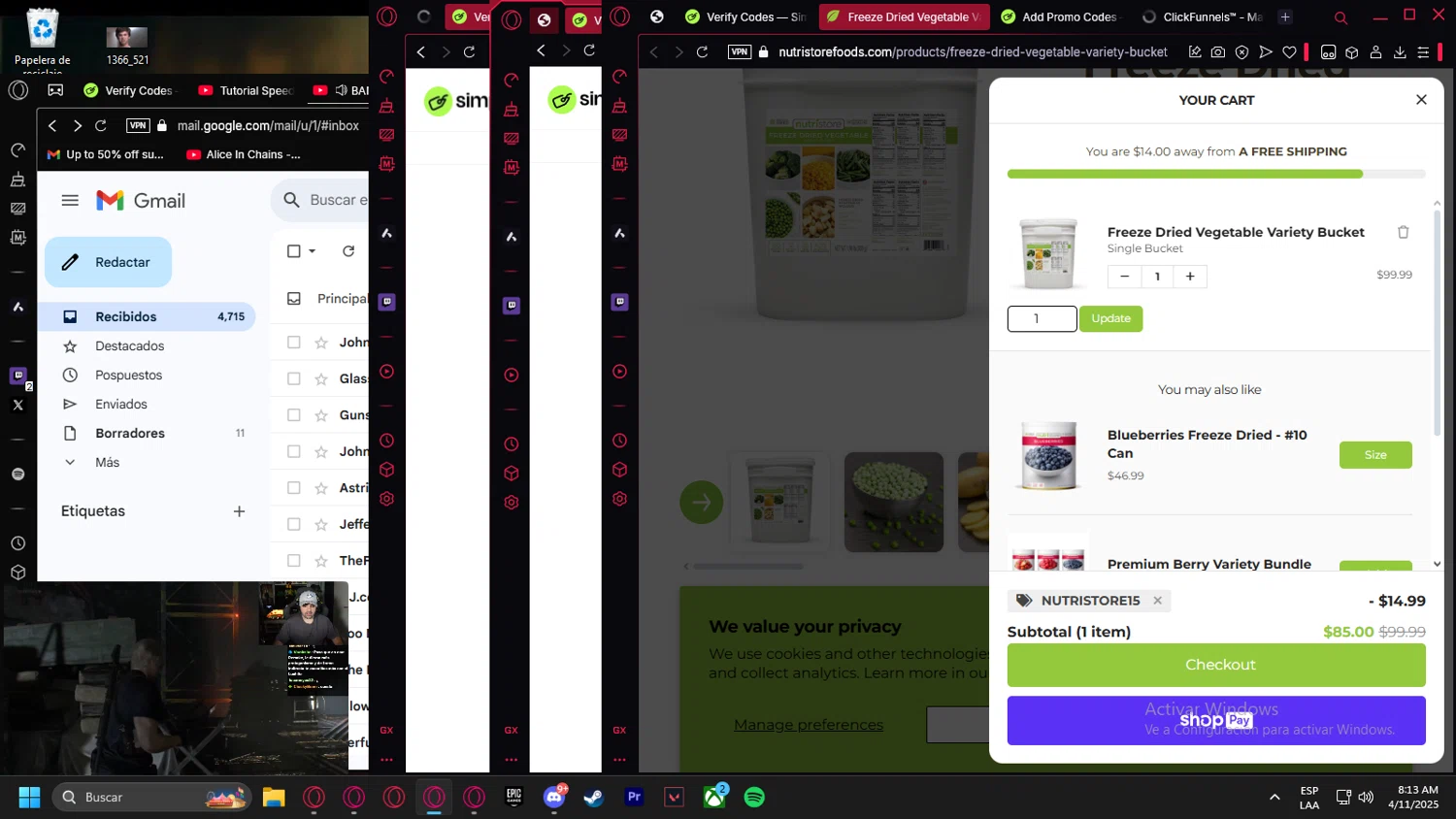 Nutristore Foods discount code screenshot showing code NUTRISTORE15 applied at Nutristore Foods checkout page. Uploaded by SimplyCodes community member Halanweik on Apr 11, 2025