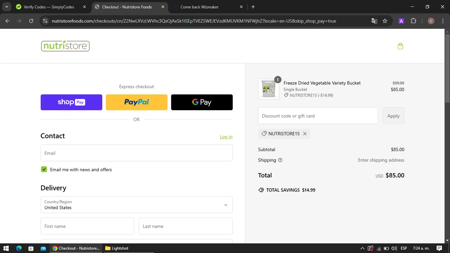 Nutristore Foods discount code screenshot showing code NUTRISTORE15 applied at Nutristore Foods checkout page. Uploaded by SimplyCodes community member VoucherRanger901 on Feb 20, 2025