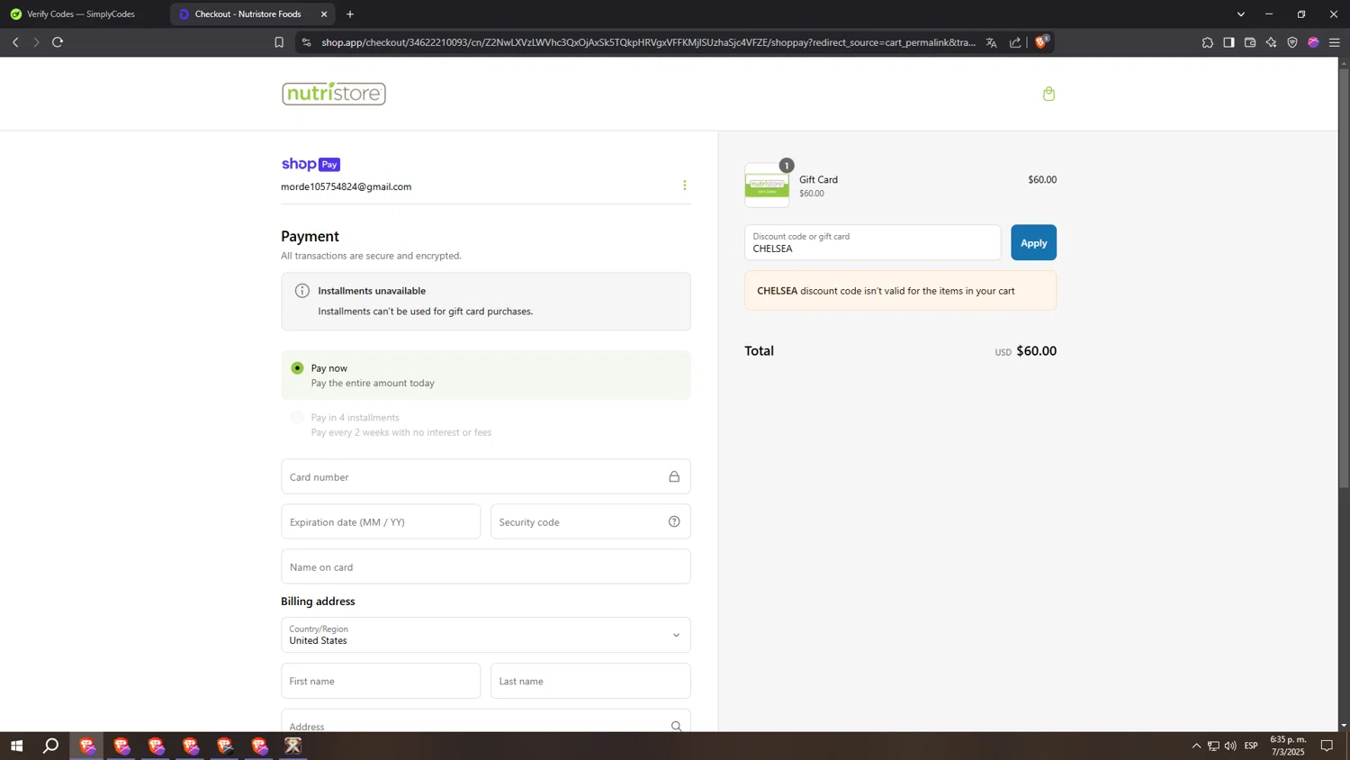 Nutristore Foods discount code screenshot showing code CHELSEA applied at Nutristore Foods checkout page. Uploaded by SimplyCodes community member kkkkkkkkkkkkkkkkkkkk on Mar 7, 2025