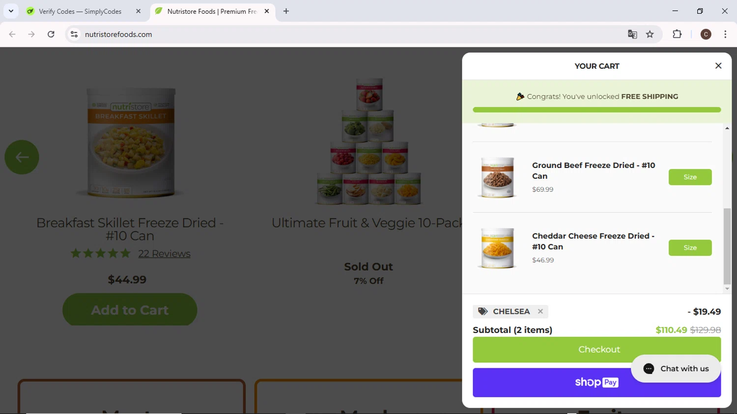 Nutristore Foods discount code screenshot showing code CHELSEA applied at Nutristore Foods checkout page. Uploaded by SimplyCodes community member MoneyPilot9634 on Feb 1, 2025