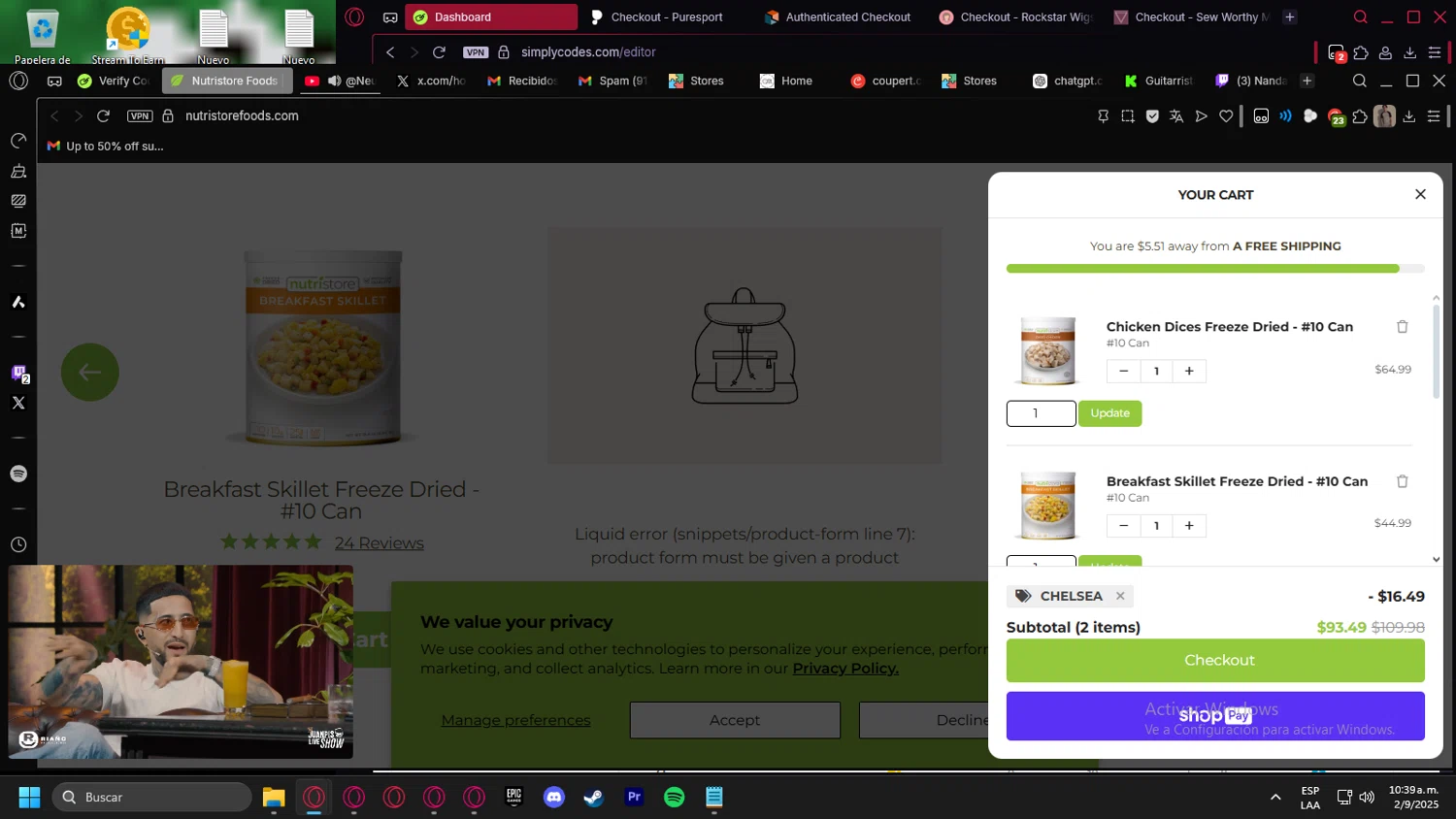 Nutristore Foods discount code screenshot showing code CHELSEA applied at Nutristore Foods checkout page. Uploaded by SimplyCodes community member kurcovein on Sep 2, 2025