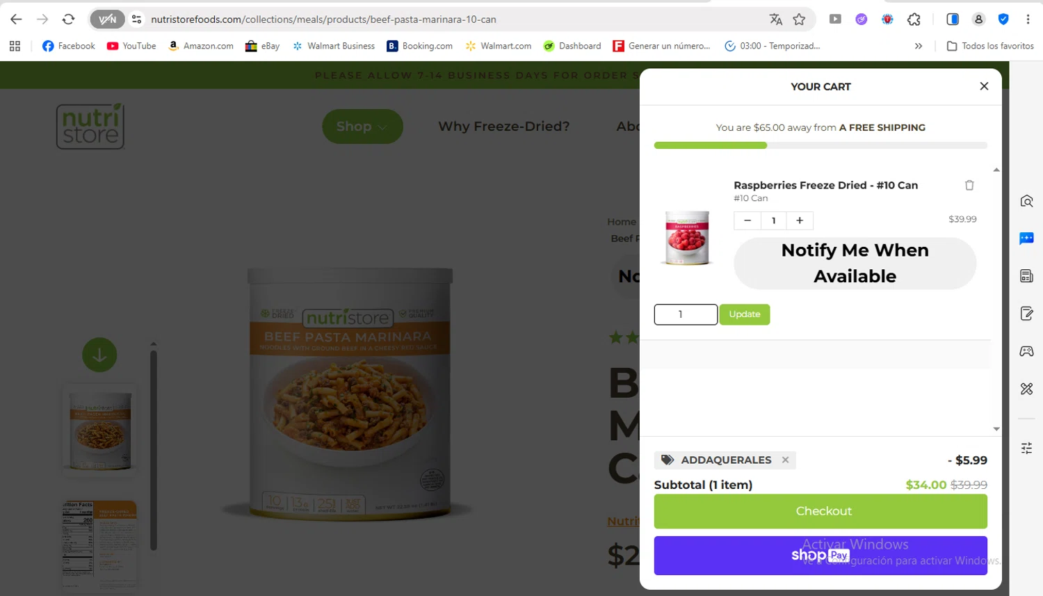 Nutristore Foods discount code screenshot showing code ADDAQUERALES applied at Nutristore Foods checkout page. Uploaded by SimplyCodes community member FrancyB on Dec 2, 2025