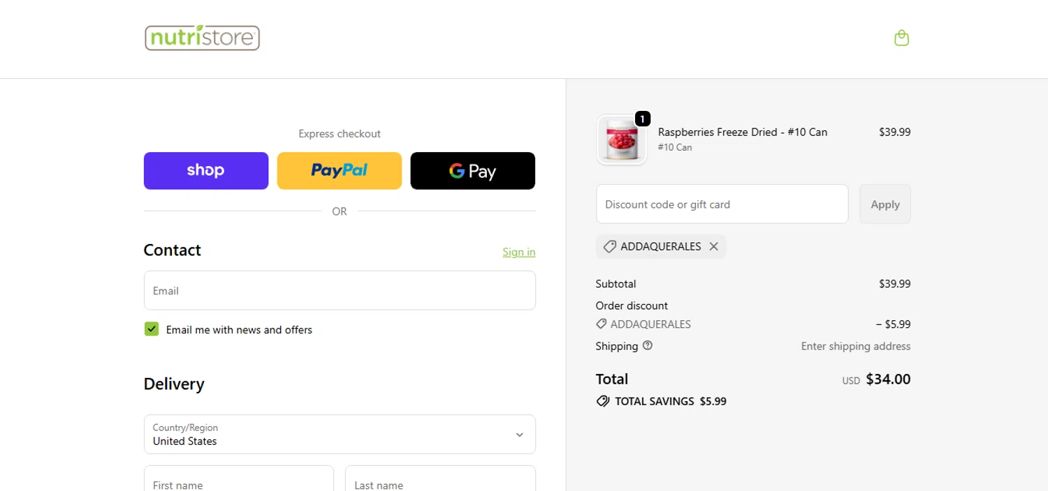 Nutristore Foods discount code screenshot showing code ADDAQUERALES applied at Nutristore Foods checkout page. Uploaded by SimplyCodes community member MoneyHunter5624 on Nov 3, 2025