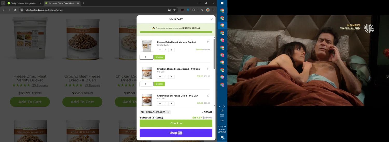 Nutristore Foods discount code screenshot showing code ADDAQUERALES applied at Nutristore Foods checkout page. Uploaded by SimplyCodes community member ValiantWarden8956 on Sep 23, 2025