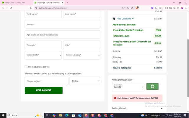NutriSystem checkout page showing NutriSystem promo code box | Screenshot taken by SimplyCodes community member on Aug 29, 2025