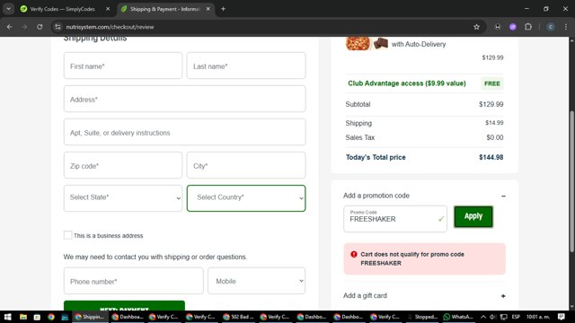 NutriSystem checkout page showing NutriSystem promo code box | Screenshot taken by SimplyCodes community member on Aug 25, 2025