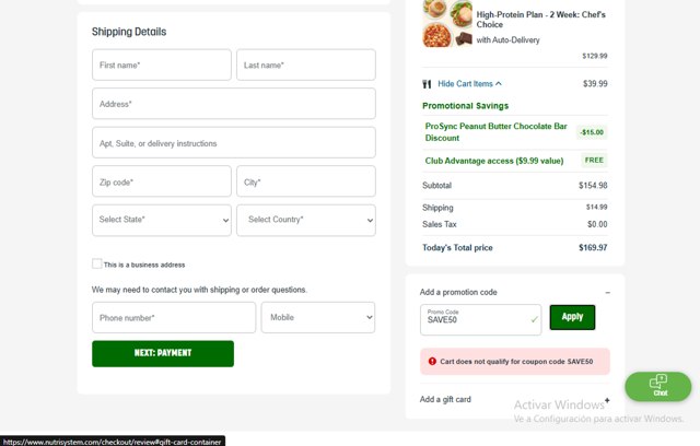 NutriSystem checkout page showing NutriSystem promo code box | Screenshot taken by SimplyCodes community member on Aug 29, 2025