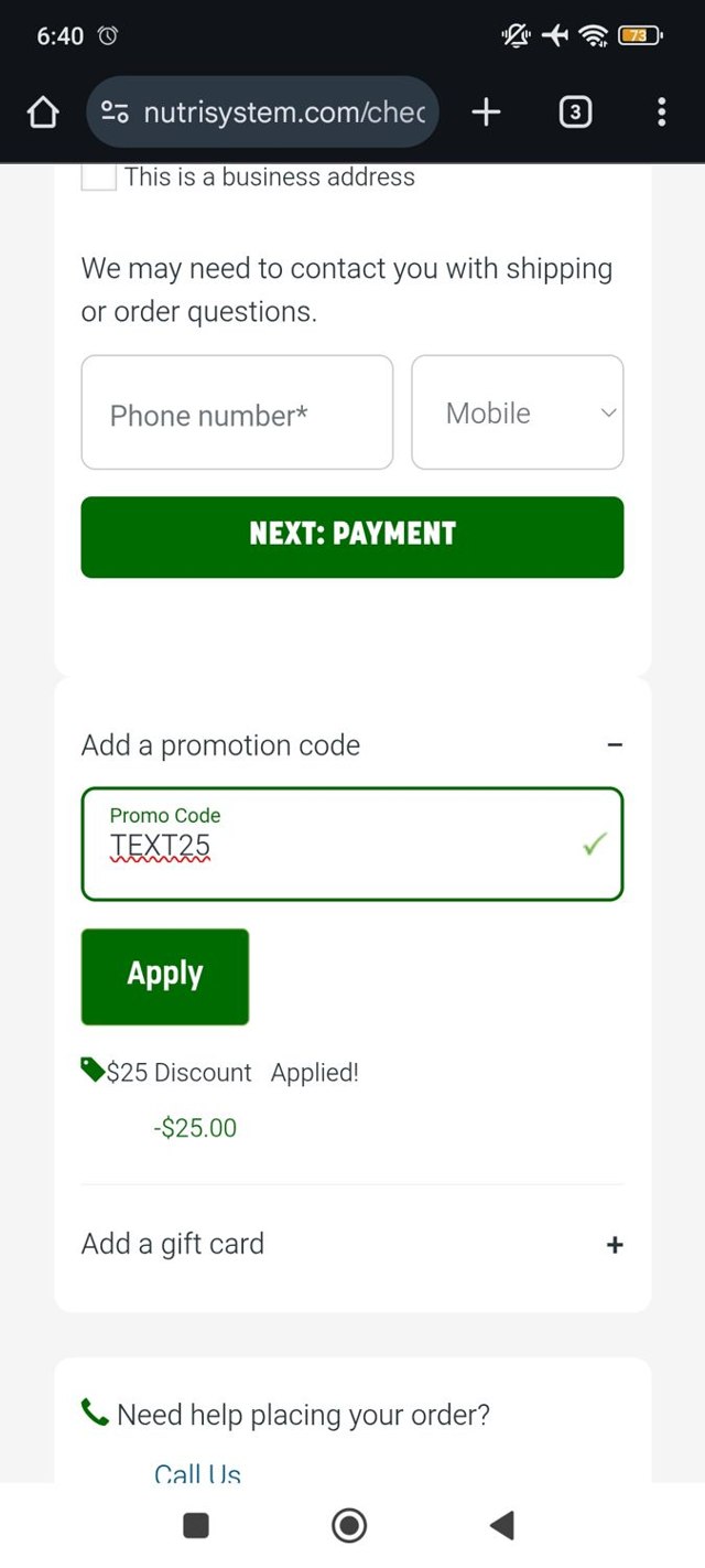 NutriSystem checkout page showing NutriSystem promo code box | Screenshot taken by SimplyCodes community member on Sep 2, 2025