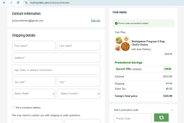NutriSystem checkout page showing NutriSystem promo code box | Screenshot taken by SimplyCodes community member on Sep 3, 2025