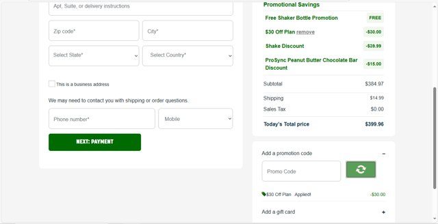 NutriSystem checkout page showing NutriSystem promo code box | Screenshot taken by SimplyCodes community member on Aug 29, 2025