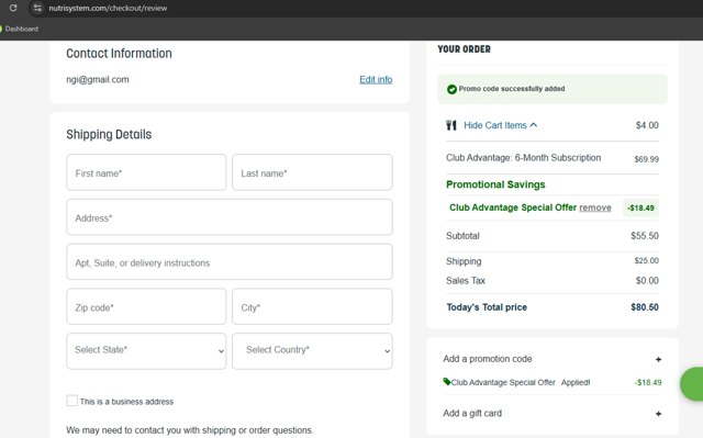 NutriSystem checkout page showing NutriSystem promo code box | Screenshot taken by SimplyCodes community member on Aug 29, 2025