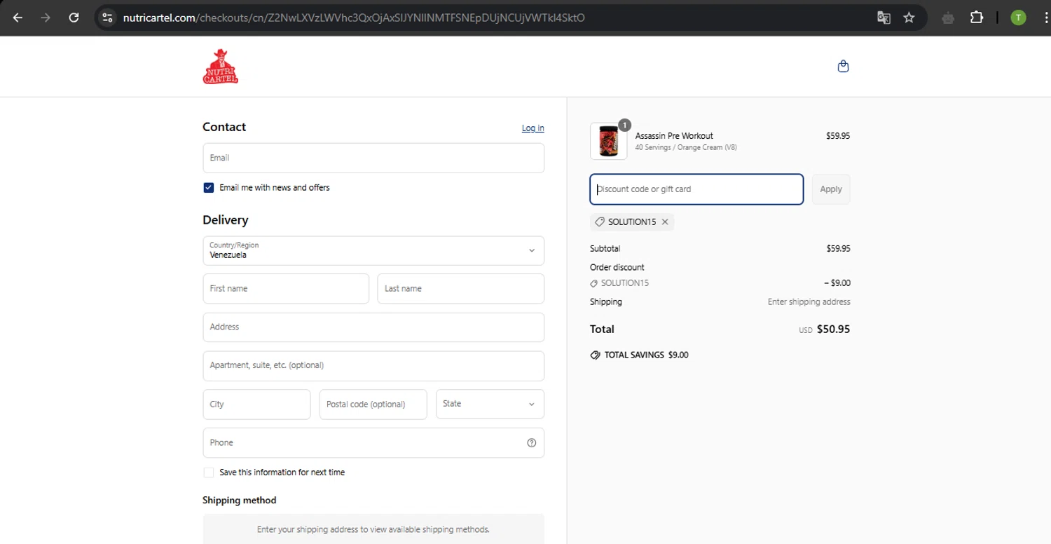 Nutrition Cartel discount code screenshot showing code SOLUTION15 applied at Nutrition Cartel checkout page. Uploaded by SimplyCodes community member SavvyNavigator1720 on Apr 15, 2025