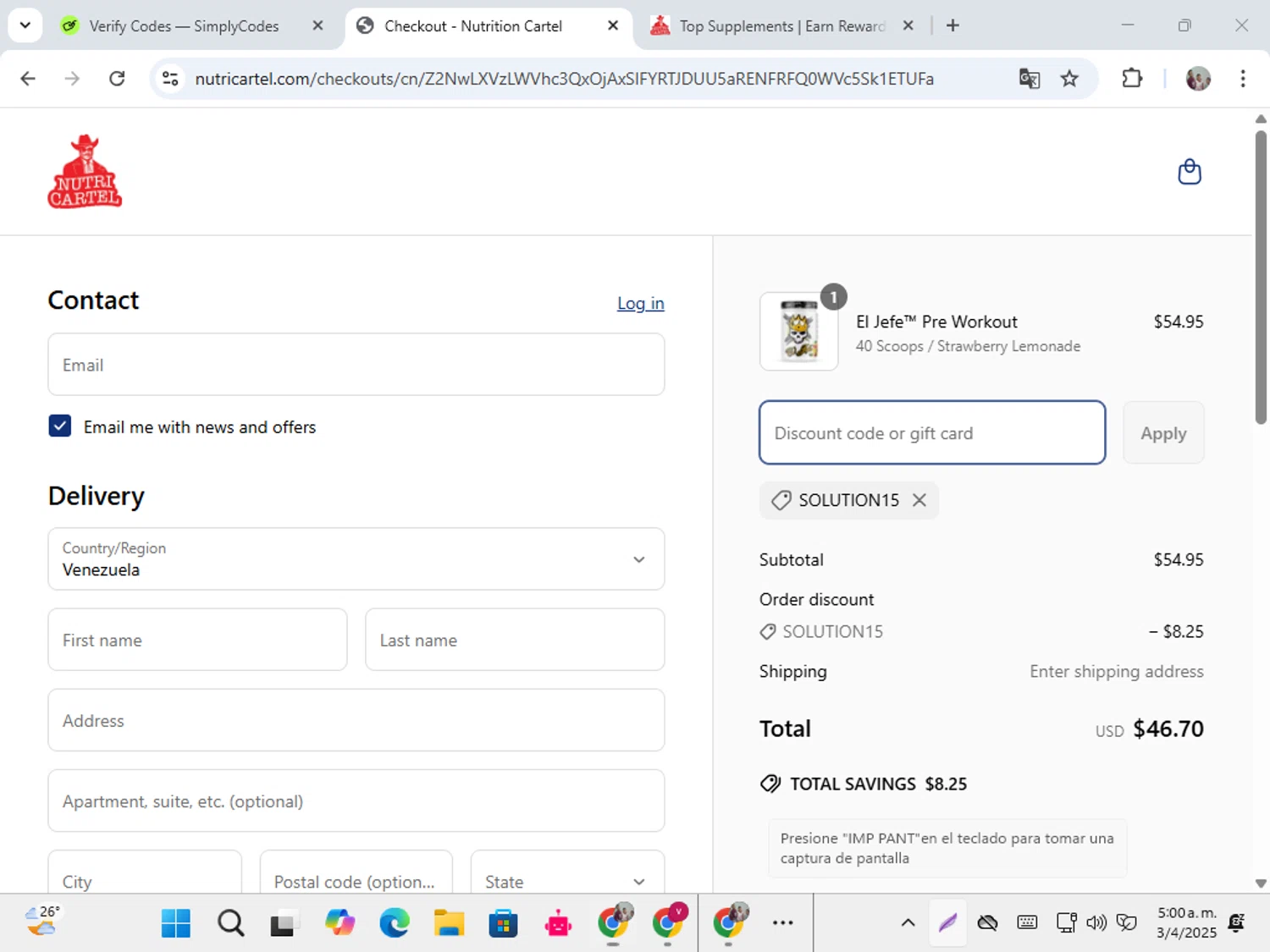 Nutrition Cartel discount code screenshot showing code SOLUTION15 applied at Nutrition Cartel checkout page. Uploaded by SimplyCodes community member karolg on Apr 3, 2025