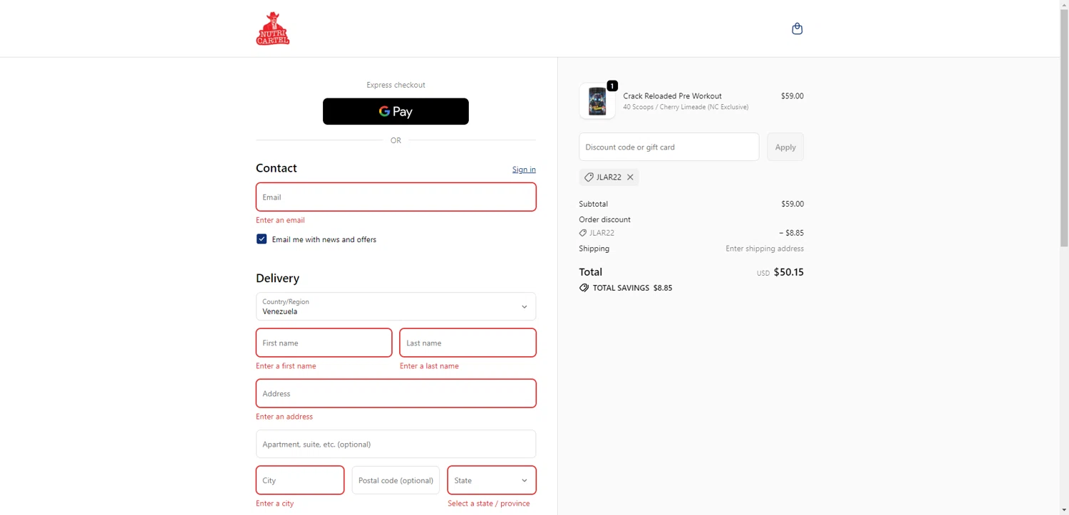 Nutrition Cartel discount code screenshot showing code JLAR22 applied at Nutrition Cartel checkout page. Uploaded by SimplyCodes community member ExtraordinaryShopper780 on Nov 12, 2025