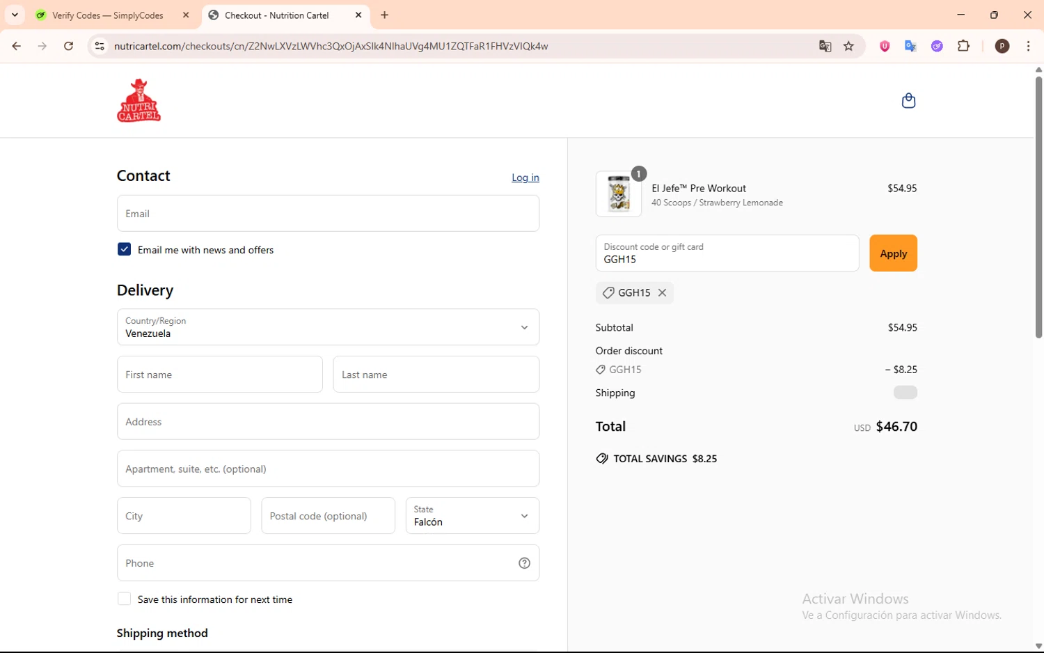 Nutrition Cartel discount code screenshot showing code GGH15 applied at Nutrition Cartel checkout page. Uploaded by SimplyCodes community member NobleShopper9818 on Jun 21, 2025