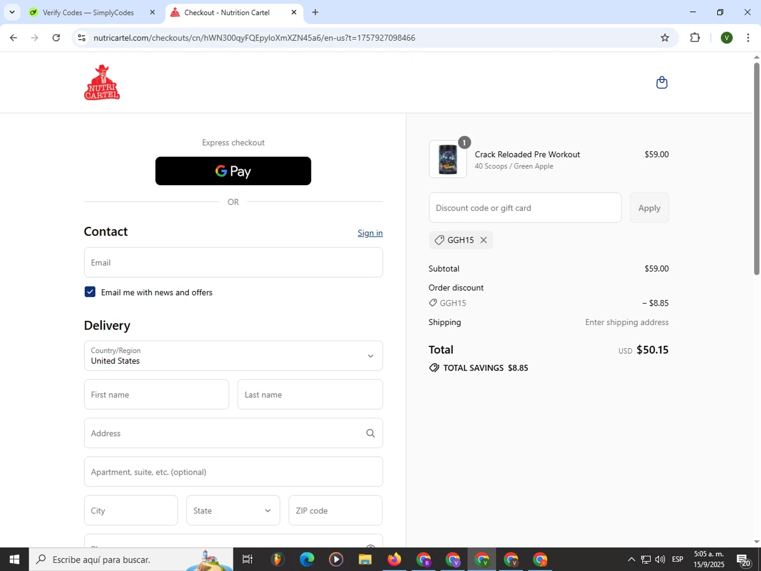 Nutrition Cartel discount code screenshot showing code GGH15 applied at Nutrition Cartel checkout page. Uploaded by SimplyCodes community member PrimeWizard4168 on Sep 15, 2025