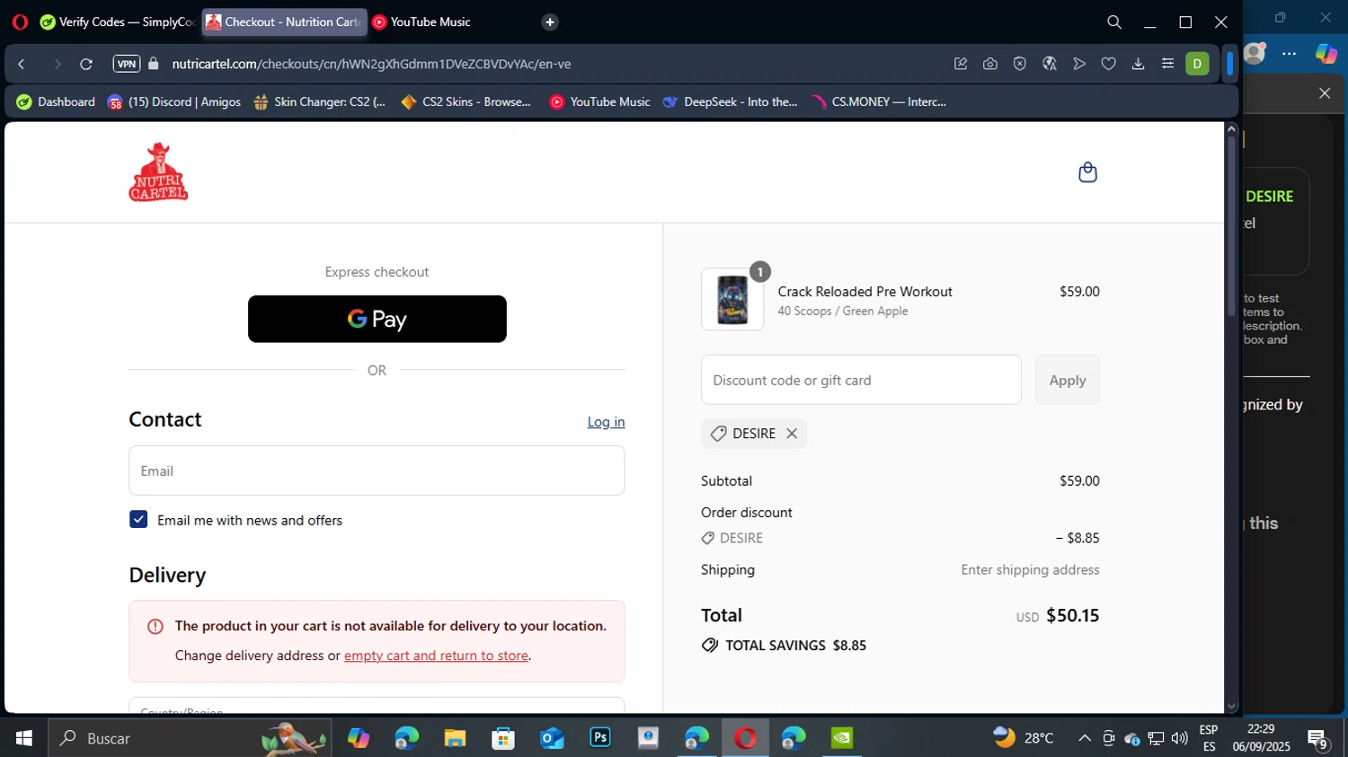 Nutrition Cartel discount code screenshot showing code DESIRE applied at Nutrition Cartel checkout page. Uploaded by SimplyCodes community member TuAmigoRed on Sep 7, 2025