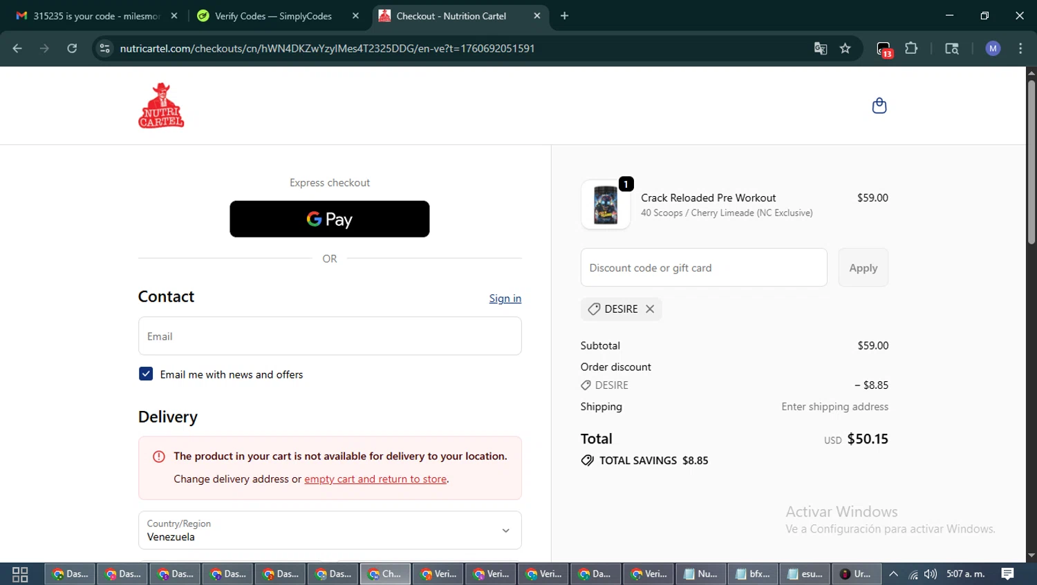 Nutrition Cartel discount code screenshot showing code DESIRE applied at Nutrition Cartel checkout page. Uploaded by SimplyCodes community member PrimeFox5260 on Oct 17, 2025
