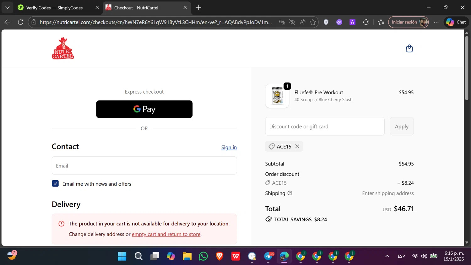 Nutrition Cartel discount code screenshot showing code ACE15 applied at Nutrition Cartel checkout page. Uploaded by SimplyCodes community member Toji_fushiguro on Jan 15, 2026
