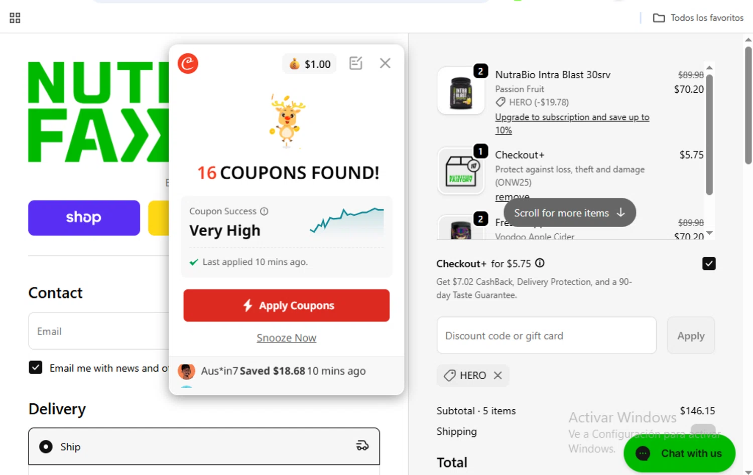 Nutrition Faktory discount code screenshot showing code HERO applied at Nutrition Faktory checkout page. Uploaded by SimplyCodes community member SaloMac on Oct 3, 2025