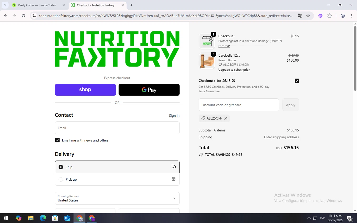Nutrition Faktory discount code screenshot showing code ALL25OFF applied at Nutrition Faktory checkout page. Uploaded by SimplyCodes community member RewardPilot7235 on Dec 30, 2025