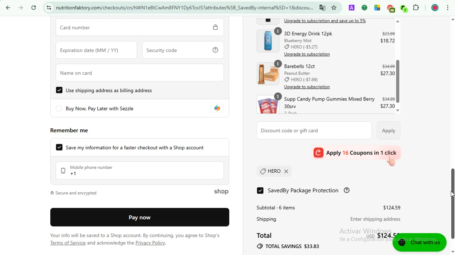 Nutrition Faktory discount code screenshot showing code HERO applied at Nutrition Faktory checkout page. Uploaded by SimplyCodes community member LOVECOUPON on Aug 10, 2025