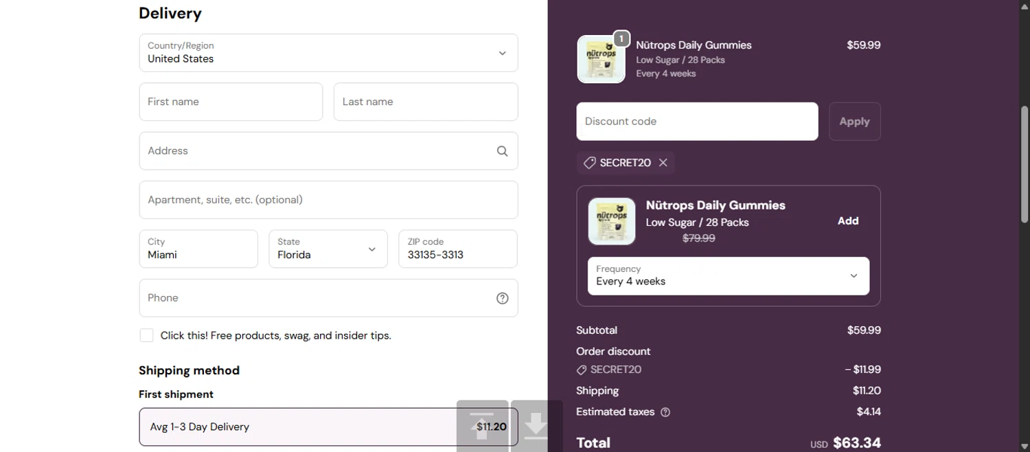 Nütrops promo code screenshot showing code SECRET20 applied at Nütrops checkout page. Uploaded by SimplyCodes community member 111111 on Oct 30, 2025