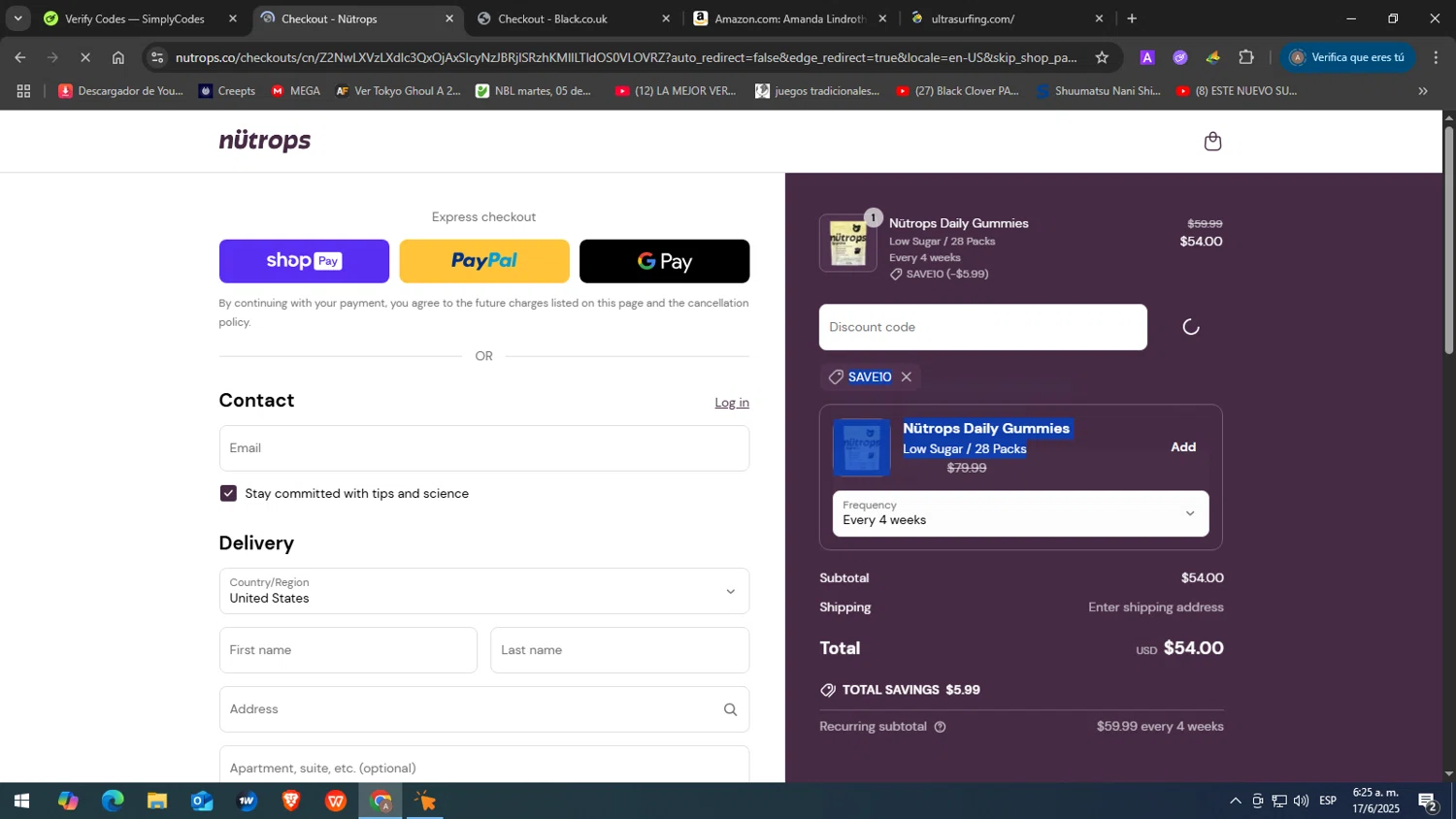 Nütrops promo code screenshot showing code SAVE10 applied at Nütrops checkout page. Uploaded by SimplyCodes community member JuanChi on Jun 17, 2025