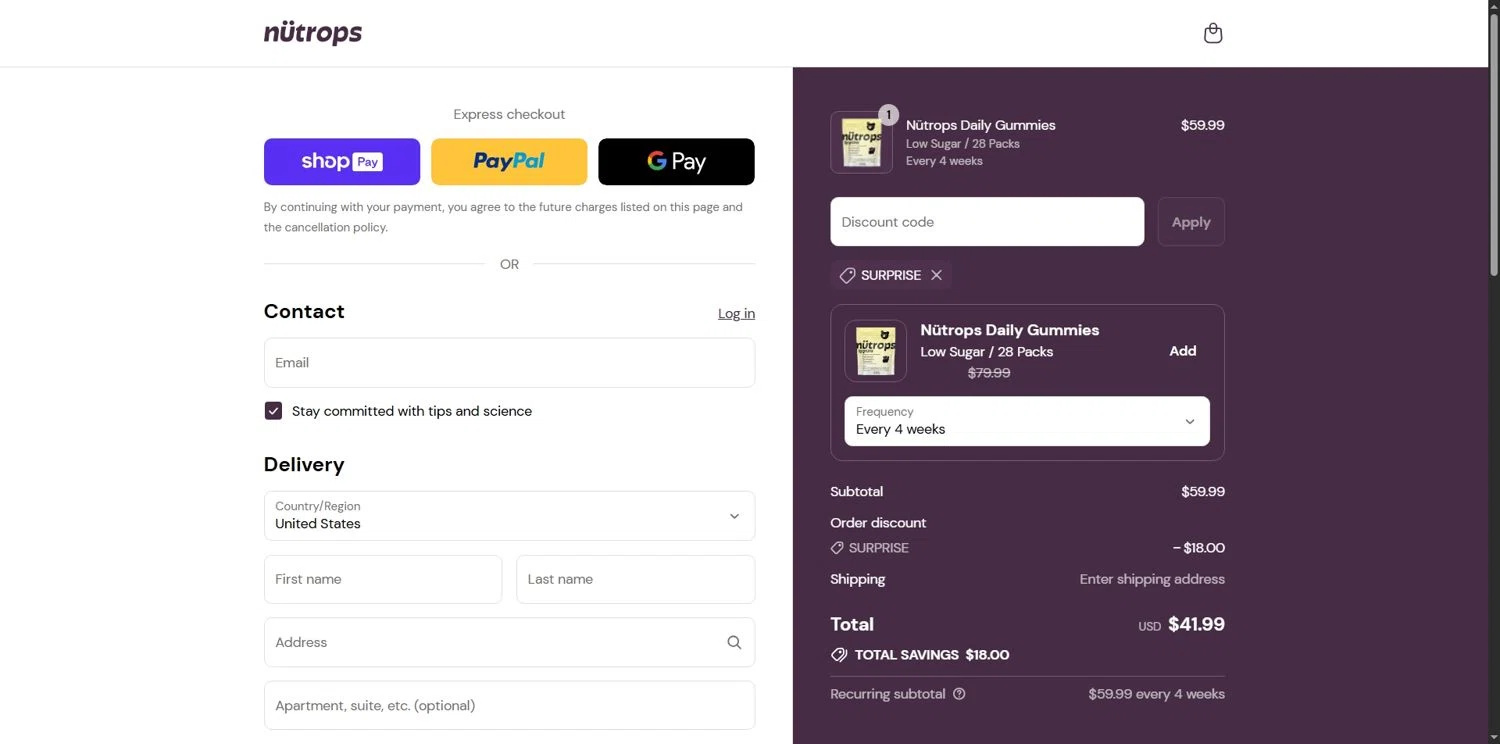 Nütrops promo code screenshot showing code SURPRISE applied at Nütrops checkout page. Uploaded by SimplyCodes community member Depressive on Jul 12, 2025