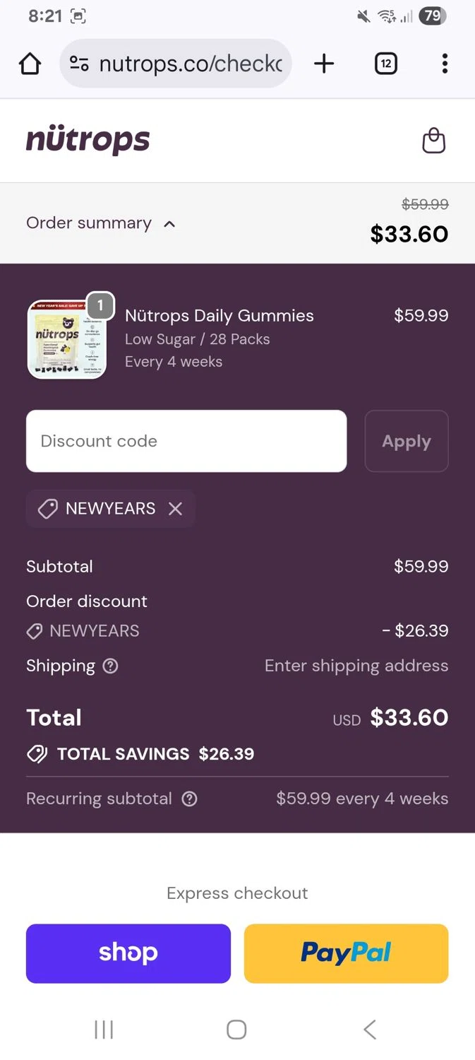 Nütrops promo code screenshot showing code NEWYEARS applied at Nütrops checkout page. Uploaded by SimplyCodes community member KarinaHZ on Dec 24, 2025
