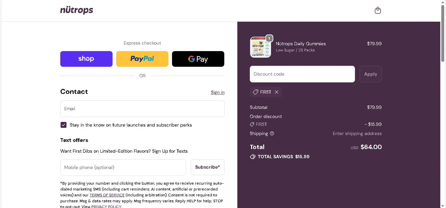 Nütrops promo code screenshot showing code first applied at Nütrops checkout page. Uploaded by SimplyCodes community member shark12 on Dec 24, 2025