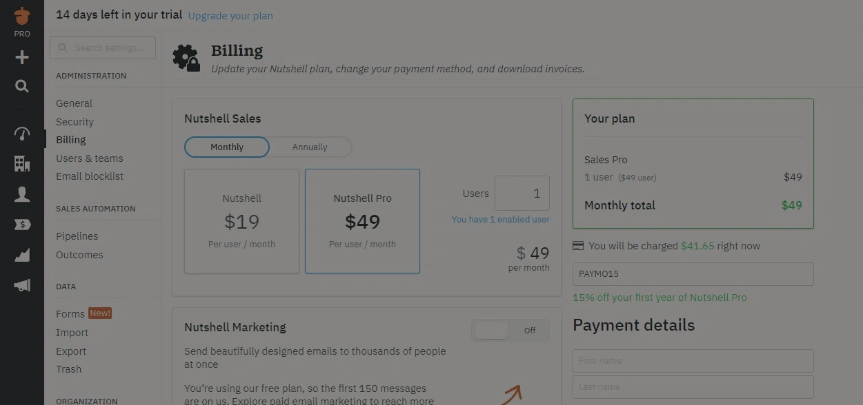 Nutshell checkout page showing Nutshell coupon code box | Screenshot taken by SimplyCodes community member on Jul 26, 2022