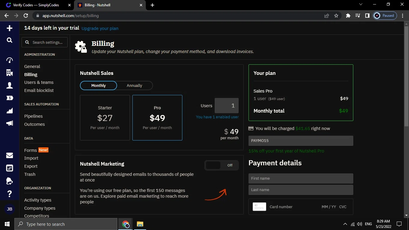 Nutshell checkout page showing Nutshell coupon code box | Screenshot taken by SimplyCodes community member on May 23, 2022